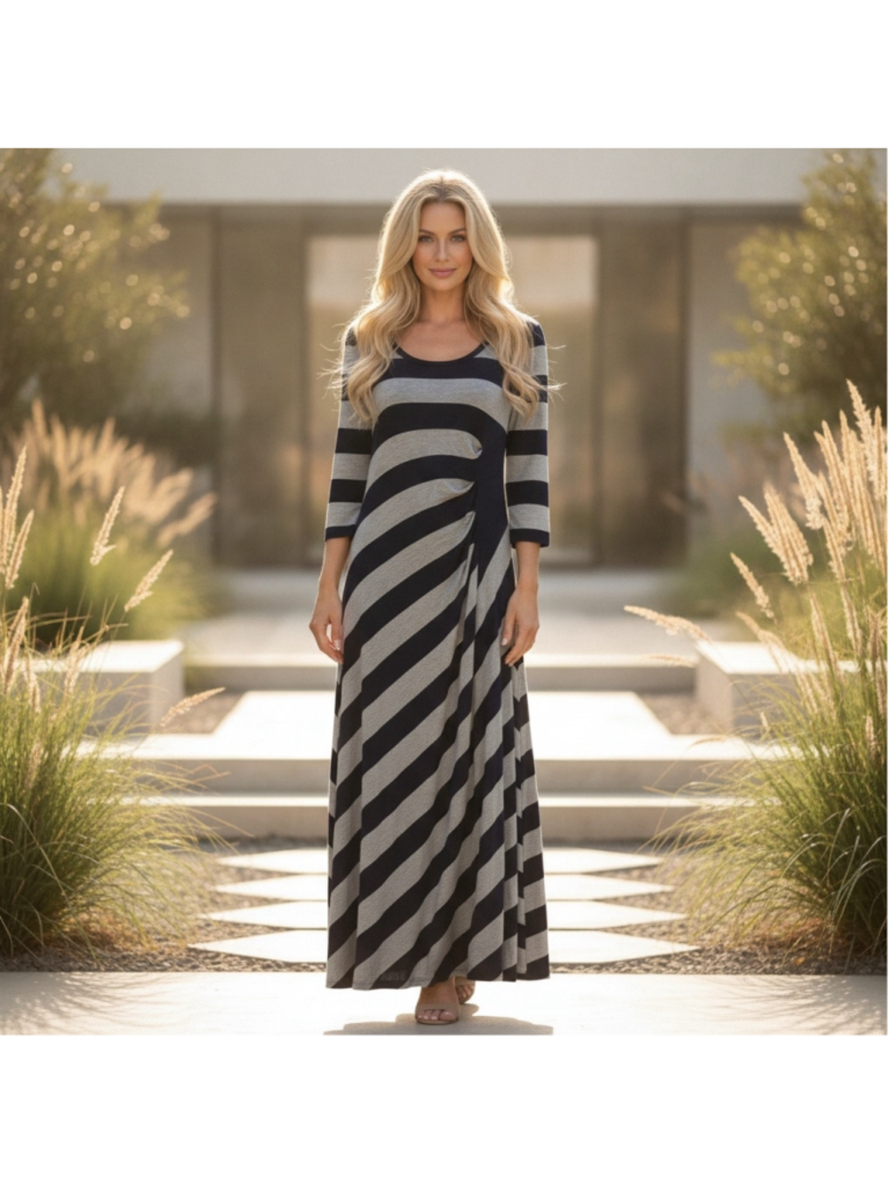 Calvin Klein Striped Maxi Dress Size 12 (18” PTP) Blue and Gray NWT